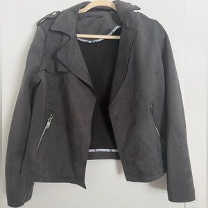 Tahari Faux Suede Cropped Moto biker  Jacket Carbon Sky - Size M